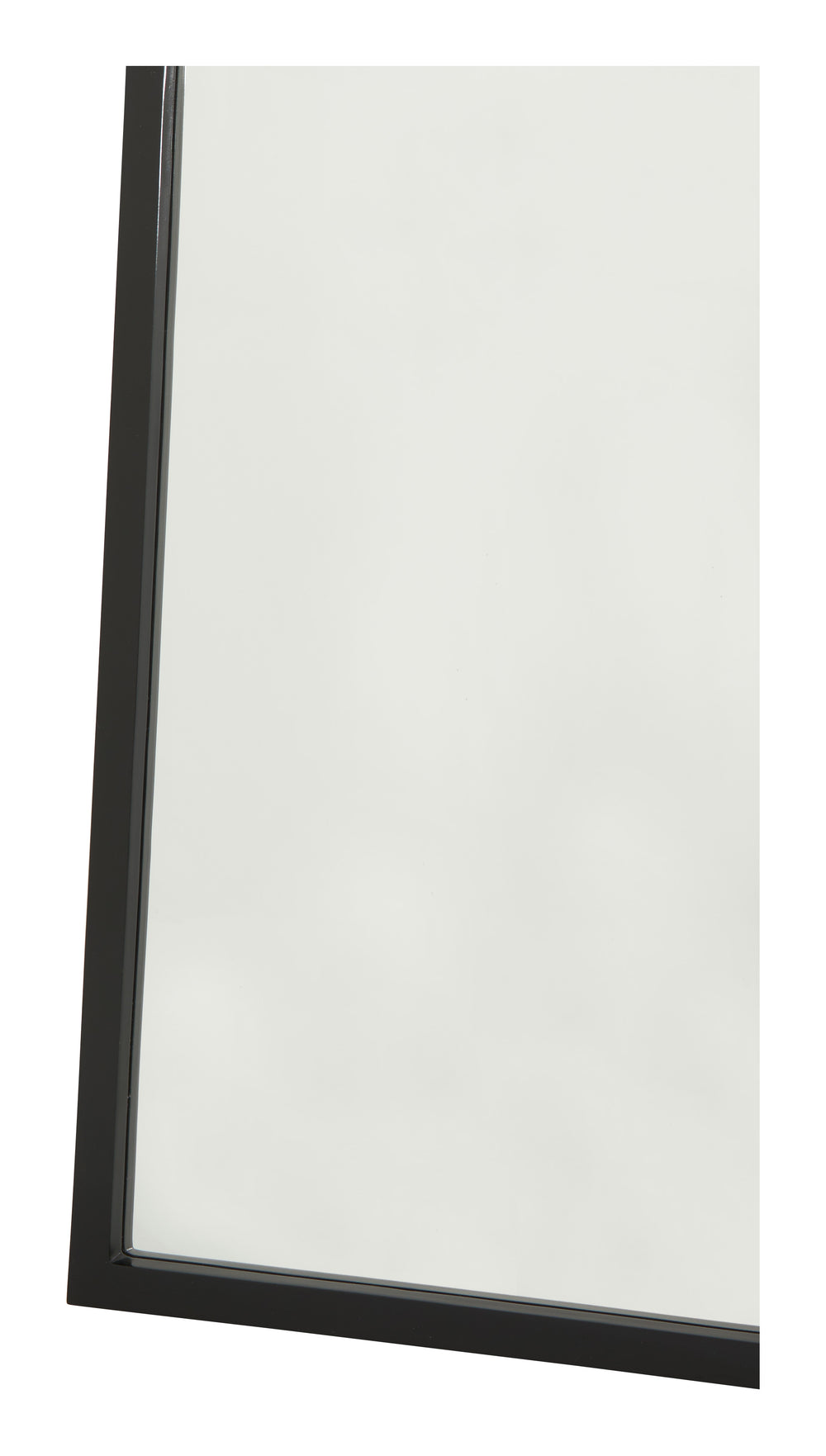  full-length mirror features a slim, glossy black lacquered frame, which is crafted into a rounded, arched shape 